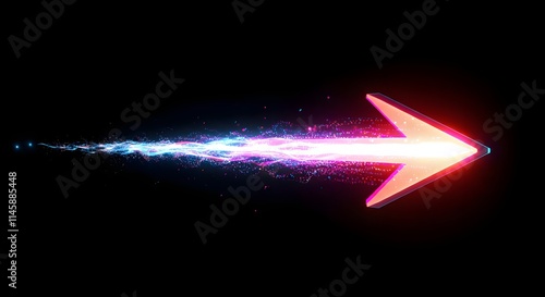 Glowing neon arrow in vibrant red with an orange and pink gradient, leaving a dynamic trail of sparkling particles that transition into blue and purple hues, set against a dark futuristic background.