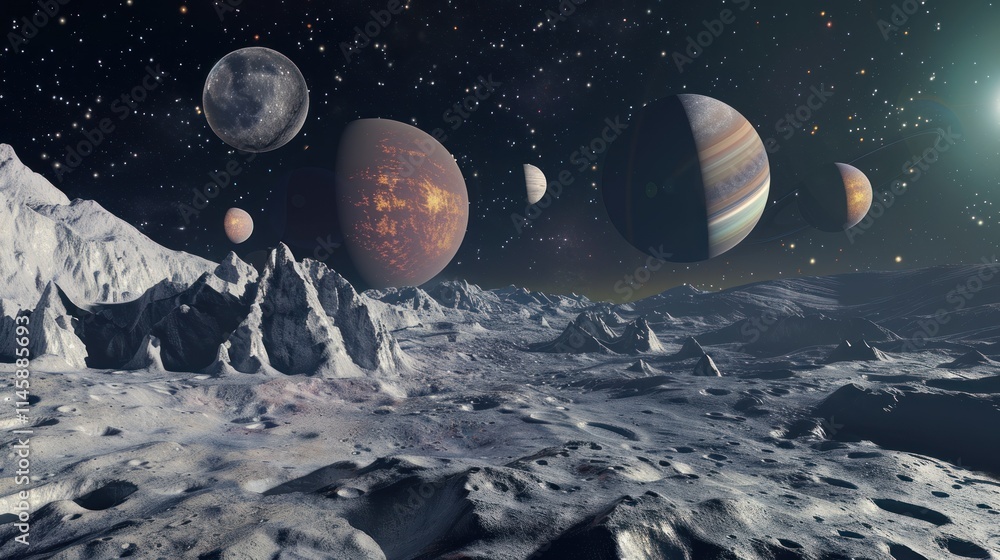 Alien Planet Landscape with Multiple Planets and Stars Alien Planet Landscape with Multiple Planets and Stars
