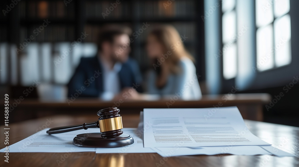 selective focus of couple sitting at table with divorce documents selective focus of couple sitting at table with divorce documents