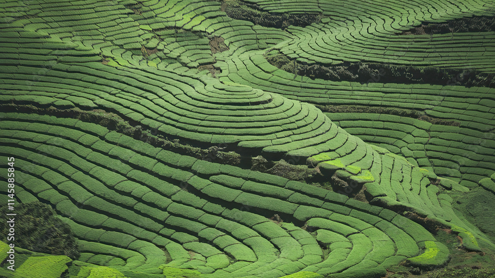 Fototapeta premium A vast landscape showcasing intricate green terraced fields, meticulously carved into hillside contours, forming curving lines. The lush, well-maintained fields suggest agricultural use