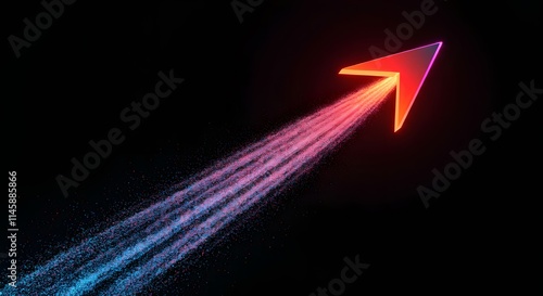 Glowing neon arrow in vibrant red with an orange and pink gradient, leaving a dynamic trail of sparkling particles that transition into blue and purple hues, set against a dark futuristic background.