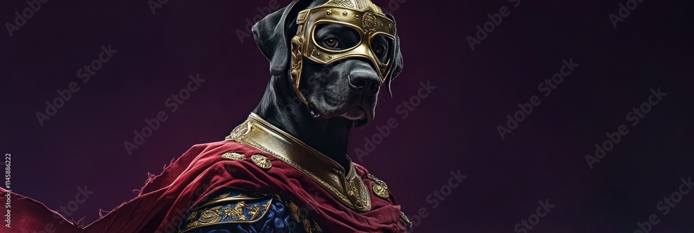 Great Dane dog with golden helmet and red cape, dark background. Great Dane dog with golden helmet and red cape, dark background.