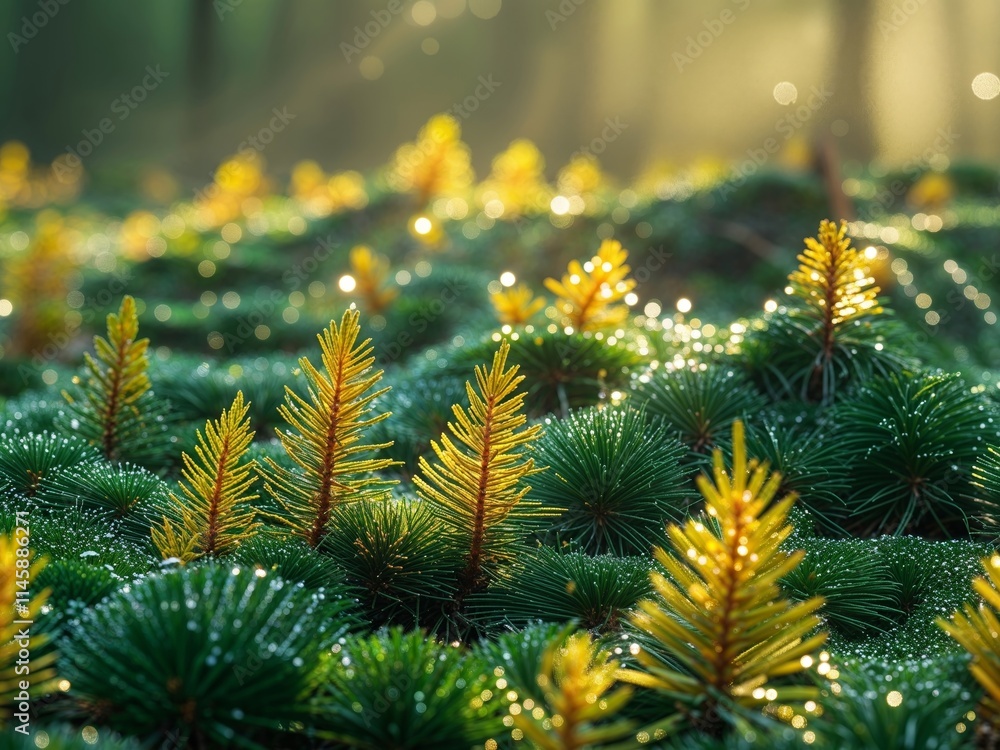Vibrant pine needles glowing under soft sunlight Vibrant pine needles glowing under soft sunlight