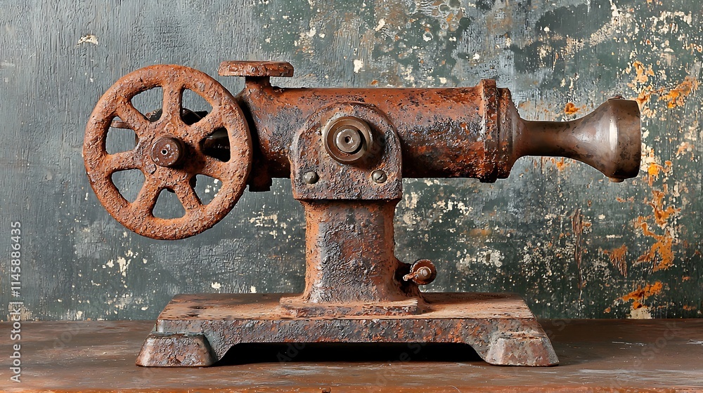 Rusty antique metal machine on wood.