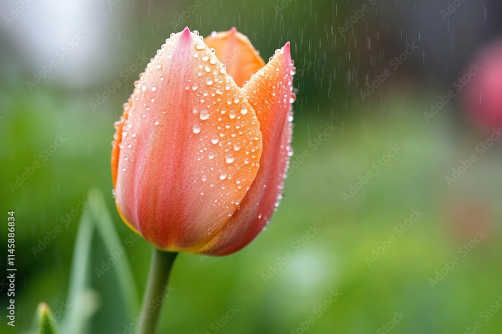 A close-up of a dew-covered tulip in a blurred garden background. A close-up of a dew-covered tulip in a blurred garden background.