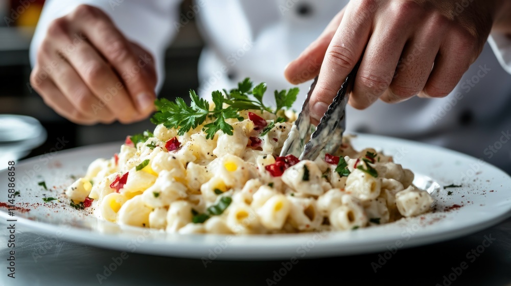 Chef preparing pasta dish with herbs. Chef preparing pasta dish with herbs.