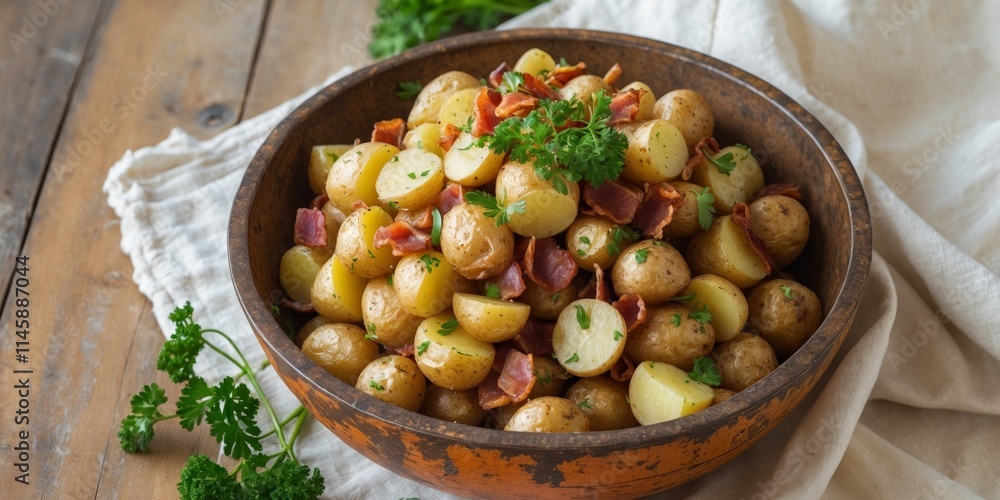 Farmhouse style potato salad with bacon and roasted potatoes served in rustic wooden bowl on a traditional wooden table Farmhouse style potato salad with bacon and roasted potatoes served in rustic wooden bowl on a traditional wooden table