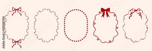 Vintage frames with bows, wavy lines, ribbons. Trendy hand drawn linear vector for wedding invitations, prints, birthday card
