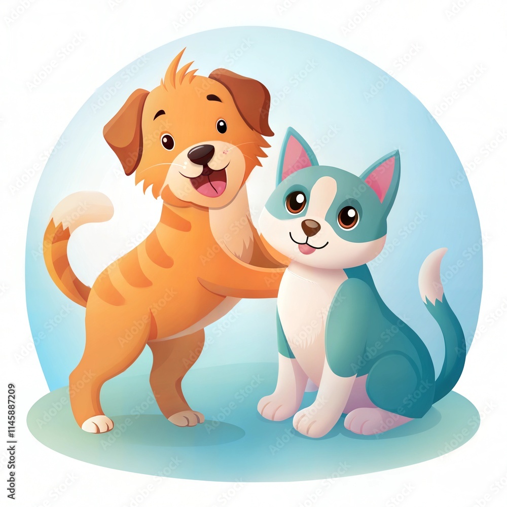 Fototapeta premium Cheerful Golden Dog and Playful Kitten in Sunny Park