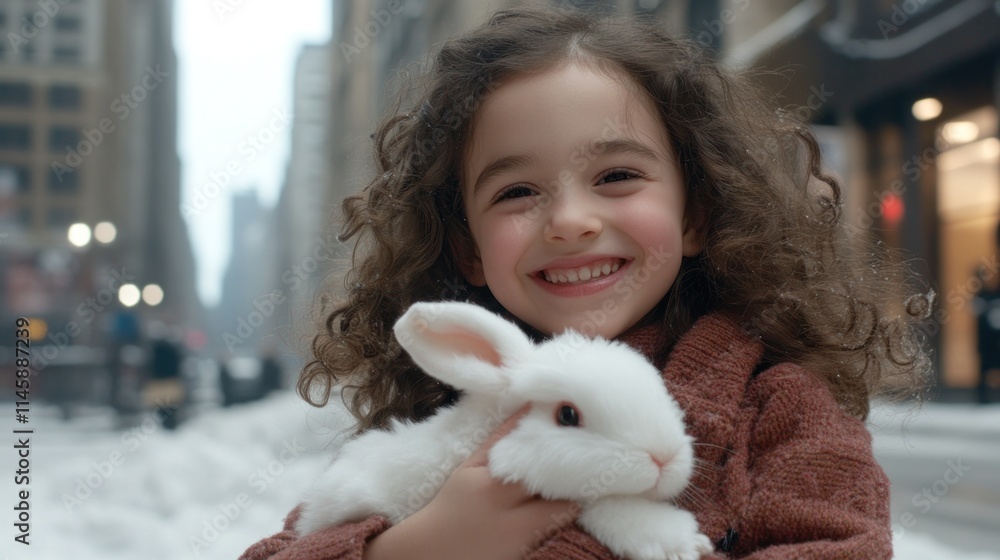 Happy girl with a white stuffed rabbit in snowy city. Happy girl with a white stuffed rabbit in snowy city.