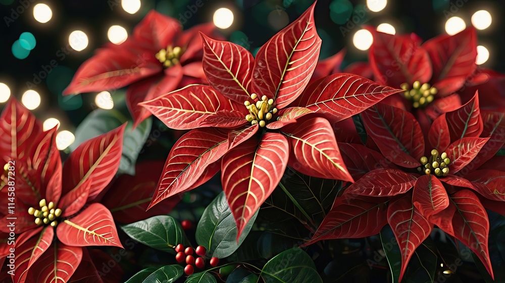 Naklejka premium Highly detailed 3D model of festive poinsettia flowers surrounded by glowing Christmas lights.