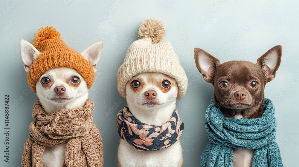 Three cheerful Chihuahuas wearing cozy hats and scarves, showcasing their playful personalities Three cheerful Chihuahuas wearing cozy hats and scarves, showcasing their playful personalities