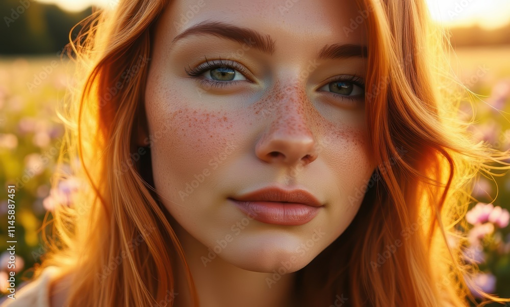 Young woman with freckles in a field Young woman with freckles in a field