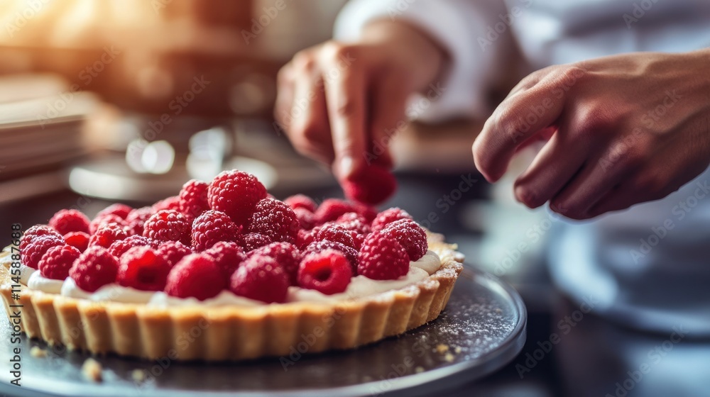 Chef decorates raspberry tart with fruit and sugar. Chef decorates raspberry tart with fruit and sugar.
