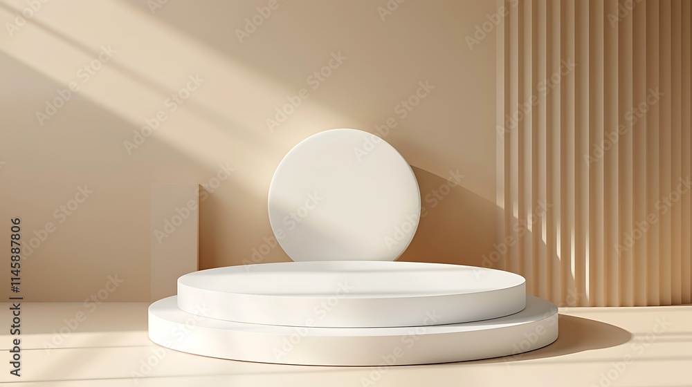 Minimalist beige and white two-tiered podium in sunlight. Minimalist beige and white two-tiered podium in sunlight.
