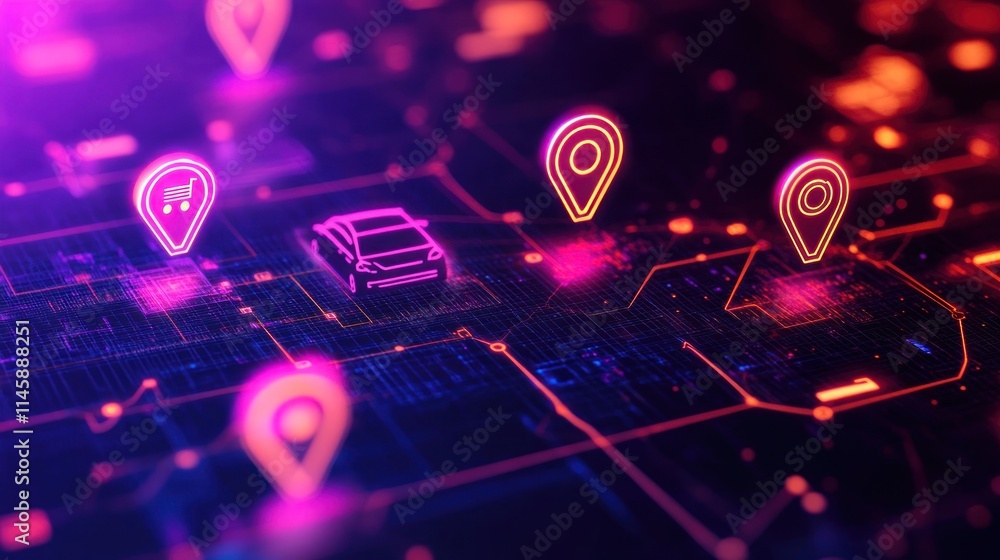 Digital network with car and location pins. Digital network with car and location pins.