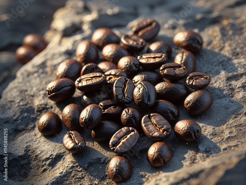 Dark roasted coffee beans resting on a textured stone surface captured in natural light photo