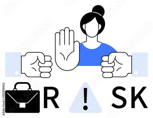 Woman raising hand to halt risks, briefcase, clenched fists, and alert symbol emphasizing caution. Ideal for risk management, business, caution, decision-making, safety warnings corporate