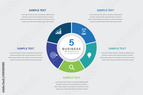 Vector infographic label design with circle infographic template design and 5 options or steps. Can be used for process diagram, presentations, workflow layout, banner, flow chart, info graph.
