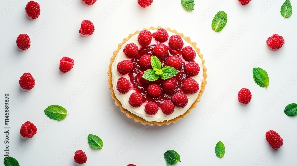 Raspberry tart with mint leaves on white background, top view. Raspberry tart with mint leaves on white background, top view.