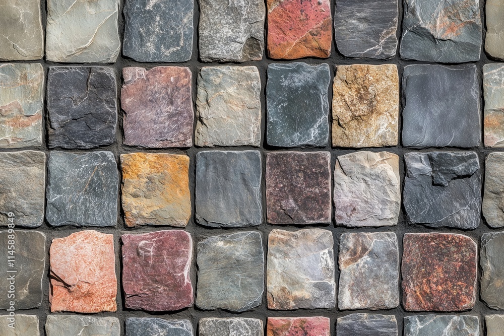 A close-up view of a textured stone wall made of various colored square stones arranged in a grid pattern. The stones feature shades of gray. A close-up view of a textured stone wall made of various colored square stones arranged in a grid pattern. The stones feature shades of gray.