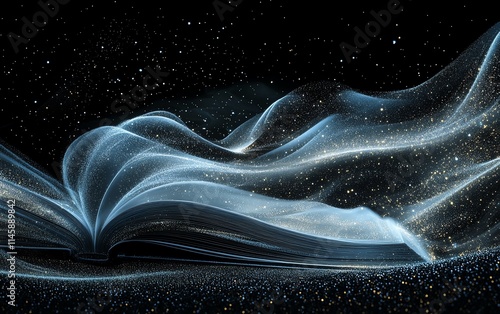 Open book with swirling light trails radiating outward, embodying the speed of knowledge growth, futuristic abstract theme, dynamic lighting, highdetail design photo