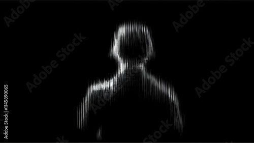 A dark background, a back view of a person who looks like the criminal seen in a low-resolution security video walking away. Contains digital noise.
(can be looped)	
