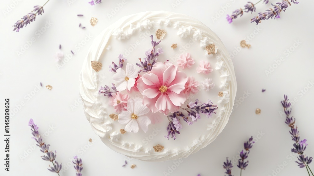 Decorated cake with cream, pink flowers, lavender sprigs on white background. Decorated cake with cream, pink flowers, lavender sprigs on white background.