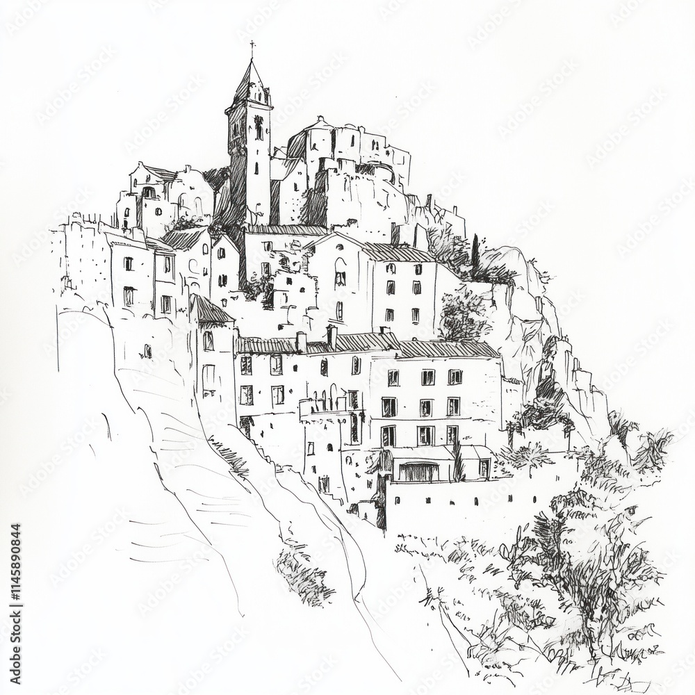 Architectural sketch of a city or village in the mountains, hand-drawn with ink on paper Architectural sketch of a city or village in the mountains, hand-drawn with ink on paper