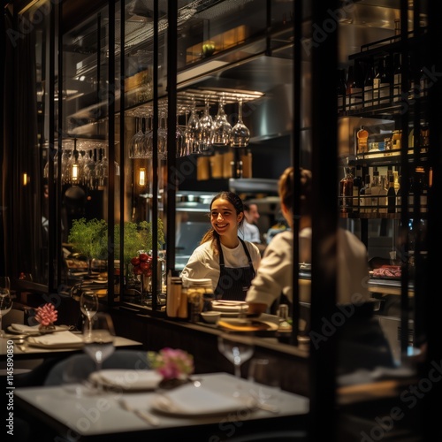 Obraz na płótnie Waitresses working in a luxury restaurant behind the bar, smiling, elegant modern setting with happy staff w salonie