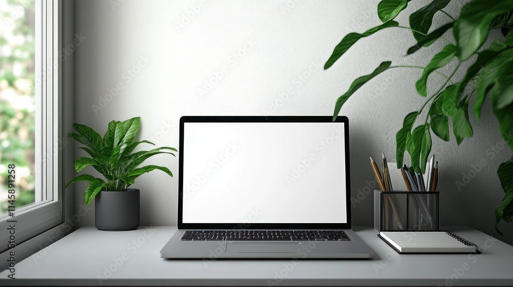 Fototapeta premium Laptop with blank screen on desk near window, plants, and stationery.