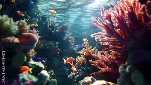 Colorful Coral Reef with Tropical Fish in the Clear Blue Water of the Red Sea photo