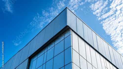 Factory industry, Architecture Building with Aluminium Facade on Blue Sky Background, Backdrop Wall Metal Corrugated Steel Surface Pattern, Warehouse Construction in Geometric Modern Design