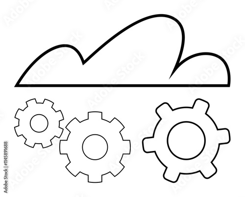 Cloud connected with three gears, symbolizing cloud technology integration, automation, and optimization. Ideal for technology, IT management, cloud services, automation, system administration