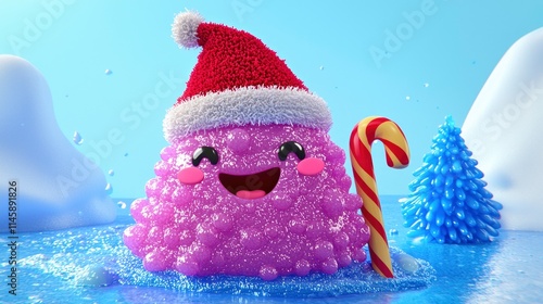 Joyful Purple Christmas Slime Character in Winter Wonderland photo