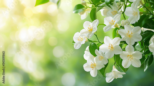 Spring Jasmine Flowers with Lush Green Foliage in Soft Focus