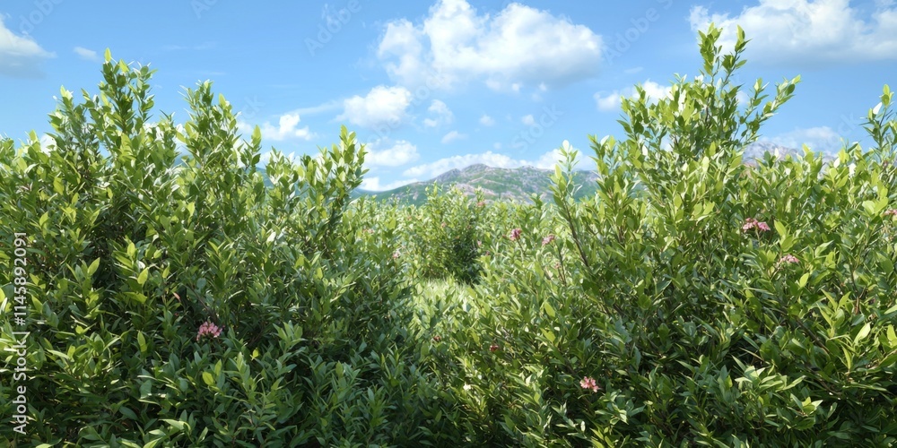 Obraz premium Lush Green Shrubbery Mountain Landscape Sunny Day Nature Scene