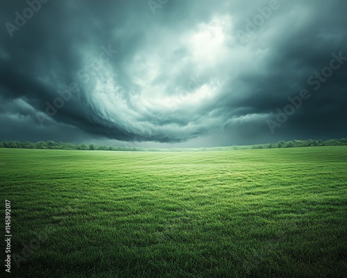 A threatening tornado forming under dark storm clouds over a green field, capturing the power and fury of natures storm, highdefinition, intense and dramatic scene photo