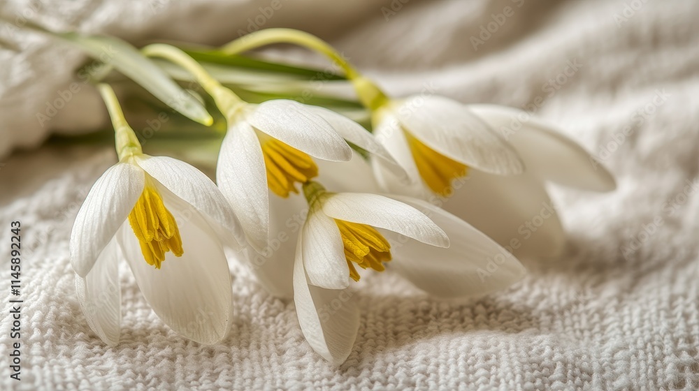 A close-up of delicate white snowdrop flower, nature, background, banner with yellow centers on a textured background, banner. A close-up of delicate white snowdrop flower, nature, background, banner with yellow centers on a textured background, banner.