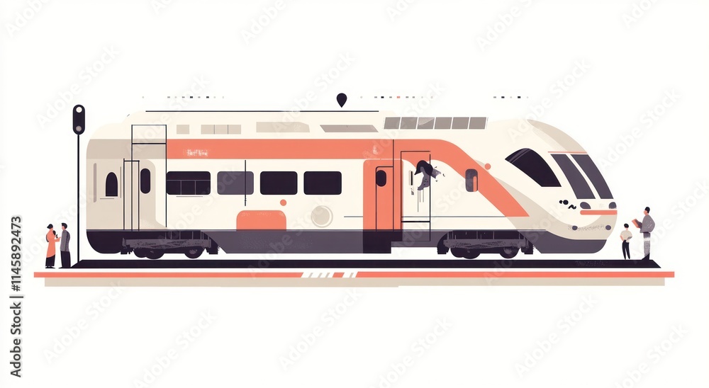 Modern white train on platform with passengers, flat illustration. Modern white train on platform with passengers, flat illustration.