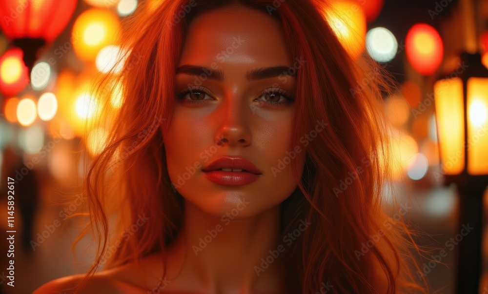 Young woman with glowing skin in warm lights Young woman with glowing skin in warm lights