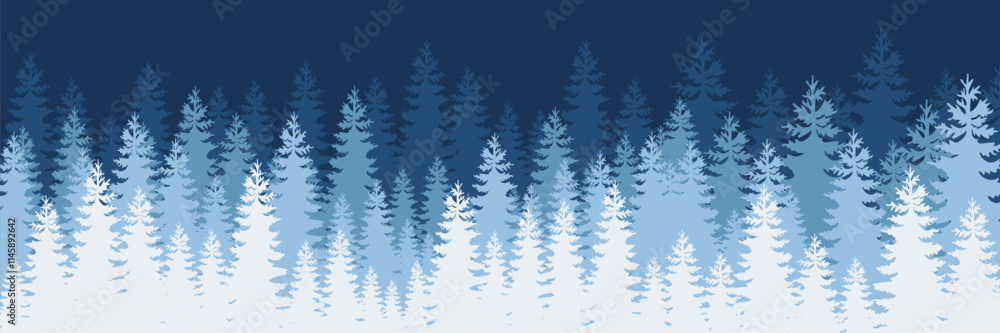 Fototapeta premium Christmas. Winter forest background. Pine, spruce, Christmas tree. Pine trees forest landscape. Silhouette pine tree panorama view.