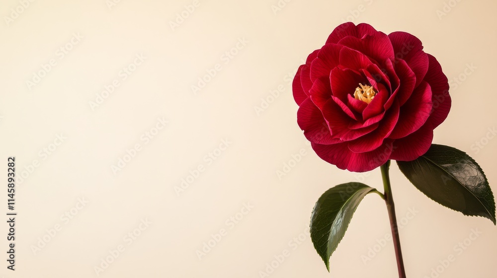 A single deep red camellia isolated against a light beige background, close-up shot, Minimalist style A single deep red camellia isolated against a light beige background, close-up shot, Minimalist style