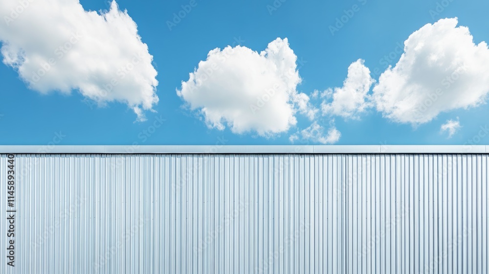 Factory industry, Architecture Building with Aluminium Facade on Blue Sky Background, Backdrop Wall Metal Corrugated Steel Surface Pattern, Warehouse Construction in Geometric Modern Design Factory industry, Architecture Building with Aluminium Facade on Blue Sky Background, Backdrop Wall Metal Corrugated Steel Surface Pattern, Warehouse Construction in Geometric Modern Design