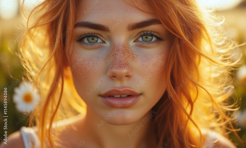 Freckled redhead in golden sunlight Freckled redhead in golden sunlight