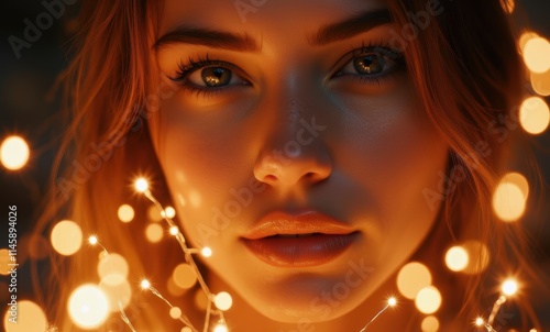 Close-up of a young woman with warm lights photo