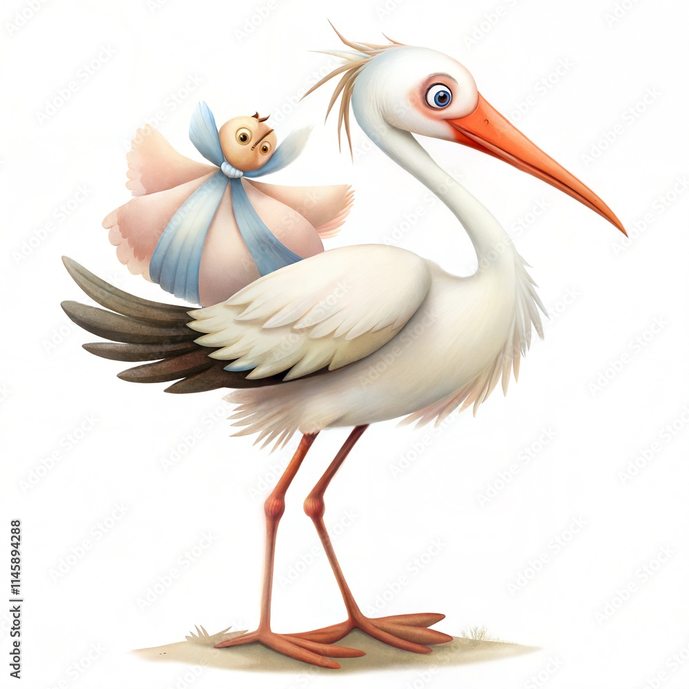 Obraz premium Cute Stork Holding Baby in Blue and Pink Outfit
