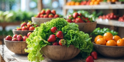 Fresh produce displayed in wooden bowls at a health food store photo