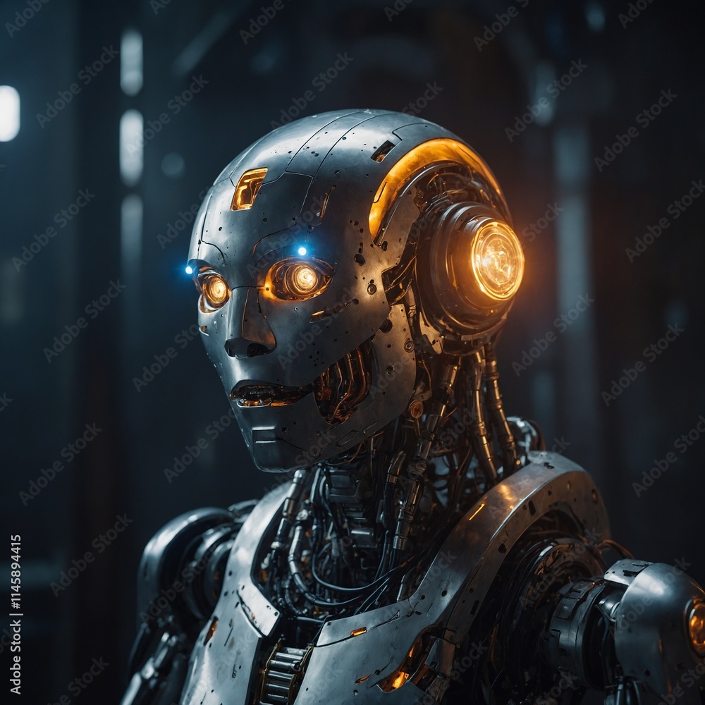 A robot with a head shaped like a glowing orb. A robot with a head shaped like a glowing orb.