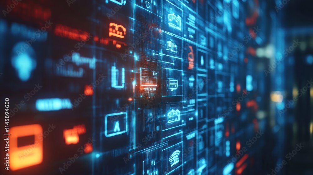 Digital interface, lit, red, blue, icons, data flow. Digital interface, lit, red, blue, icons, data flow.